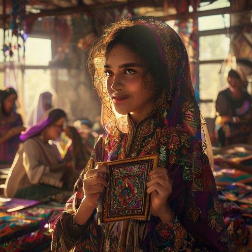 Cinematic shot of a young, determined Arab woman, Reem, in her vibrant embroidery workshop, surrounded by colorful fabrics and intricate designs. She holds an exquisitely embroidered piece, looking up with a proud and hopeful smile. Warm, golden natural light streams through a large window, softly illuminating her face and the intricate details of her work. In the background, other women are diligently working on their own embroidery pieces, creating a sense of community and shared purpose. Rich textures, traditional patterns subtly visible. High resolution, photorealistic, inspiring atmosphere.