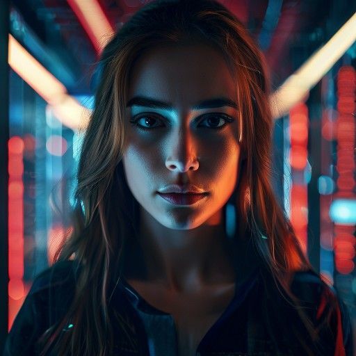 Cinematic wide shot of a brilliant female cybersecurity expert