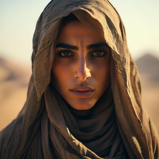 Cinematic wide shot of a determined Arab woman in her late