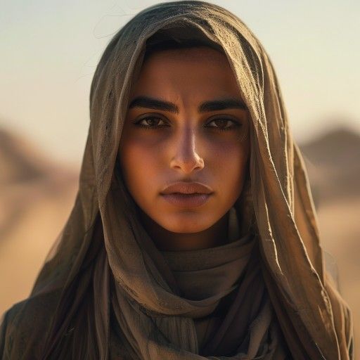Cinematic wide shot of a determined, confident young Arab woman, Sarah, in her late
