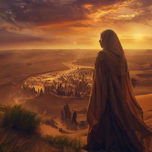 Cinematic wide shot of an ancient desert kingdom at sunset, with a wise, calm Arab woman standing prominently on a dune, looking into the horizon. Her traditional robes billow slightly in the wind. The sky is dramatic with hues of orange and purple. In the foreground, people are gathered around an oasis that is just starting to flow, signifying relief. Mystical elements, golden hour lighting,