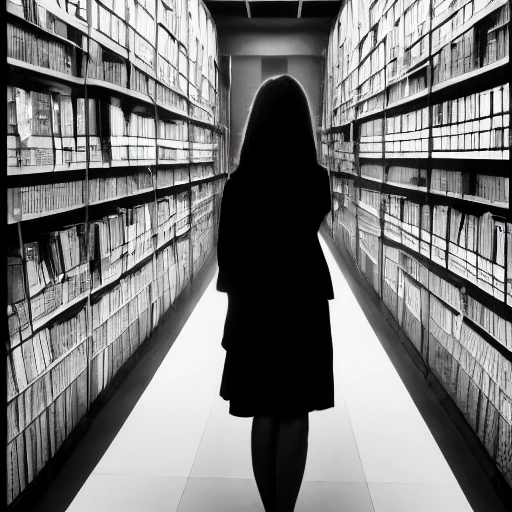 Cinematic wide shot of a brilliant young female archivist, Layla, illuminated by a single beam of light in a vast, dimly lit, ancient library filled with towering shelves and antique books. She is intently examining a mysterious, leather-bound manuscript with intricate carvings, her face showing determination and a hint of trepidation. Dust motes dance in the air. Mysterious shadows lurk in the background. High contrast lighting, deep focus,