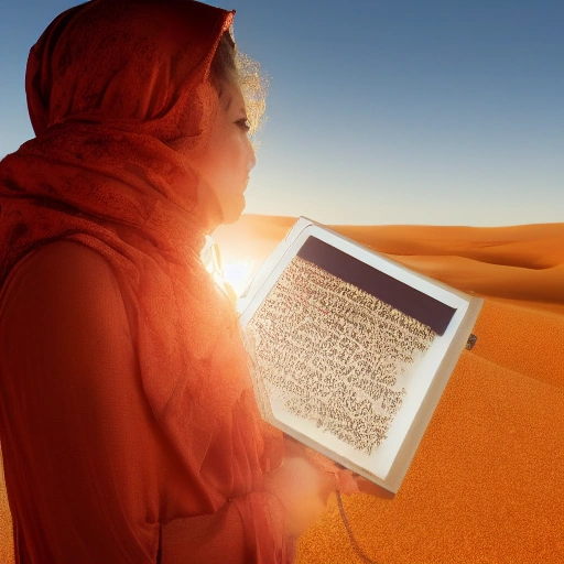 نور في قلب الصحراء: قصة إلهام من مريم Cinematic wide shot of a determined young Arab woman, Mariam, standing confidently at the edge of a vast, golden desert landscape during sunrise. She is holding a tablet with a glowing screen, reflecting a simple, intuitive educational app. In the background, a small, traditional village is visible, with a hint of modern solar panels integrated. Her attire is a blend of traditional subtle patterns and modern simplicity. Strong golden hour lighting, clear sky, dust motes in the air, conveying hope and technological progress. High detail,