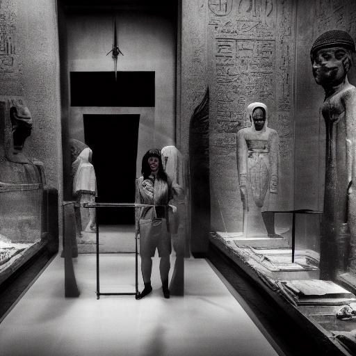 **خيوط الظل: لغز اختفاء الدكتورة ليلى** Cinematic wide shot of a brilliant female detective with sharp, observant eyes, standing in a dimly lit, ancient Egyptian museum wing filled with uncatalogued artifacts and dusty exhibits. She holds a small, black obsidian shard. The atmosphere is mysterious and tense, with shafts of moonlight filtering through high windows. Focus on dramatic shadows, rich textures of ancient stone and papyrus.