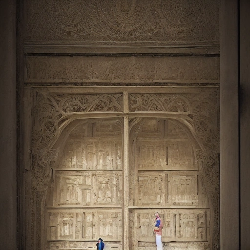 **همس الجدران الصامتة: خريطة المعمارية ليلى للغز المنسي** Cinematic wide shot of a brilliant female architect, Layla, standing in a dimly lit, ancient Ottoman palace corridor. She holds a rolled-up blueprint in one hand and a powerful flashlight in the other, casting long shadows. Her face is thoughtful, illuminated by the flashlight beam on an old, intricately carved wooden panel that looks like a hidden door. Dust motes dance in the light. The architecture is rich with historical details, deep shadows, and an atmosphere of mystery and suspense. High resolution, photorealistic,