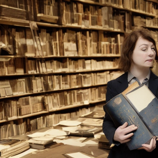 Cinematic shot of a brilliant female curator in a dimly lit, ancient museum archive, holding an old, illuminated manuscript. Dust motes dance in the light from a single, dramatic spotlight. Her expression is a mix of concentration and subtle apprehension. The background shows towering shelves of antique books and artifacts. High resolution, photorealistic, mysterious atmosphere.