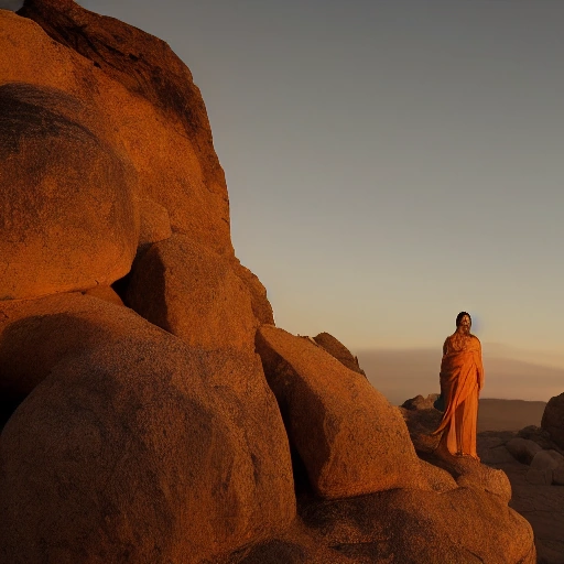 **زمردة القصر العتيق: حين تُحيي الحكمة مملكة** Cinematic wide shot of an ancient desert queen, regal and wise, standing majestically on a rocky outcrop in a vast, arid desert at dawn. She is gazing towards the horizon where a powerful stream of water is erupting from the ground, surrounded by a small group of awe-struck excavators. Dramatic, golden hour lighting, epic scale,