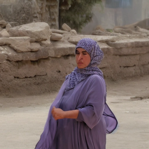 Cinematic wide shot of a determined Arab woman, in her late