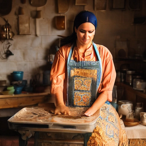 **كسر قوالب الطين: حكاية صمود سميرة** Cinematic shot of a radiant Arab woman in her pottery studio, hands gently touching a beautifully crafted, unique clay vase with intricate traditional Arabic patterns. Warm, golden sunlight streams through a large window, illuminating dust motes and highlighting her focused yet serene expression. She wears a simple, practical apron, with slight smudges of clay on her hands and face, indicating hard work and dedication. The background shows shelves filled with various pottery pieces, both finished and in progress. The atmosphere is one of creativity, determination, and quiet triumph. Cinematic lighting,