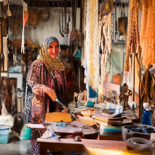 **عندما يتحول الألم إلى إنجاز: قصة ليلى وورشة الأمل** Cinematic shot of a determined Arab woman, Laila, in her bustling, brightly lit workshop filled with beautiful handcrafted items. She is smiling warmly, surrounded by other empowered women working diligently. Golden hour lighting streams through large windows, illuminating dust motes and creating a sense of hope and success.