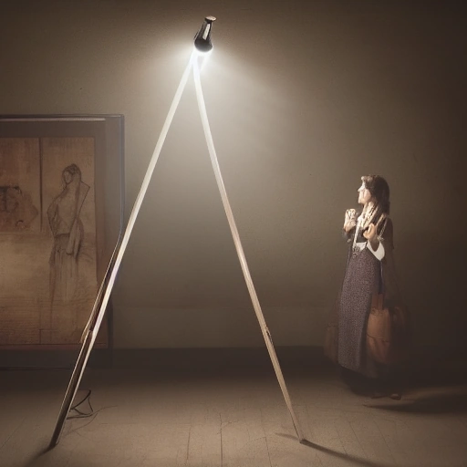 **وشوشة الألوان القديمة: اللوحة التي كشفت المستور** A suspenseful cinematic shot of a young, intelligent female art restorer in a dimly lit, high-ceilinged museum workshop. She is intensely examining a large, old portrait painting on an easel, her face illuminated by a focused lamp. Her expression is a mix of concentration and growing apprehension. There are antique restoration tools around her, and faint shadows suggest hidden depths or secrets in the background. Cinematic lighting, deep shadows,