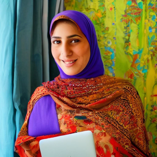 من غرزة إلى عالم: قصة ليلى التي أبدعت نسج المستحيل A young, confident Arab woman, in a vibrant, sunlit artisan workshop. She is holding a beautifully embroidered fabric, smiling genuinely. Around her are various traditional embroidered items, threads, and a modern laptop on a wooden table. Cinematic lighting, shallow depth of field, warm tones,