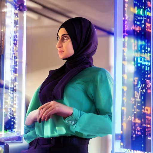 "من أنقاض اليأس إلى قمة التألق: حكاية سارة التي حولت الحلم الرقمي إلى حقيقة" Cinematic shot of a determined young Arab woman, Sarah, in a sleek, modern tech office bathed in soft, futuristic blue and purple lights. She is looking confidently at a large holographic display showing complex code and data. The setting is vibrant and innovative, reflecting success and technology. She wears smart business attire, a subtle smile of accomplishment on her face. High detail,