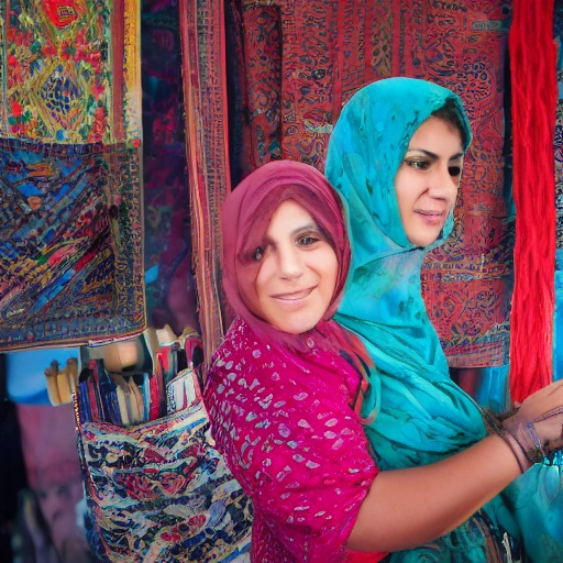 A vibrant, cinematic shot of a young Arab woman, Layla, in a modern, well-lit workshop. She is holding a piece of intricately woven fabric, smiling confidently. In the background, other women are working on traditional looms, illuminated by soft, warm light, creating a sense of community and revival. On a table nearby, there