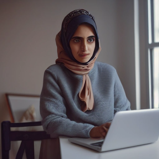 Cinematic portrait of a determined young Arab woman, Leila, with kind but focused eyes, illuminated by the soft glow of a laptop screen in a traditional yet subtly modern room. She is wearing modern yet culturally appropriate attire. The background is slightly blurred, suggesting a cozy home setting with subtle hints of technology. Warm, empowering lighting, shallow depth of field,