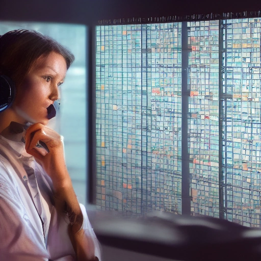 الشفرة المنسية: لغز الأرقام الصامتة Cinematic wide shot of a brilliant female cryptographer in a dark, high-tech control room, illuminated by the glow of multiple complex data screens. She is intensely focused, with an air of determined intelligence. Rain streaks down the window behind her, reflecting the city lights. Dramatic lighting,
