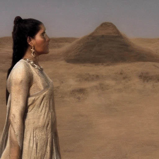 Cinematic wide shot of an ancient Mesopotamian woman,