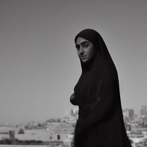 A cinematic shot featuring a determined young Arab woman,