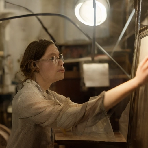 A cinematic shot of a brilliant female art historian, Dr. Layla, in a dimly lit, high-tech restoration lab. She is intensely examining an old, mysterious painting with a magnifying glass under soft, focused lighting. Dust motes dance in the light. Her face shows determination and curiosity. The painting is partially restored, revealing faint, intriguing symbols beneath the surface. The scene should evoke a sense of mystery and discovery. Cinematic lighting,