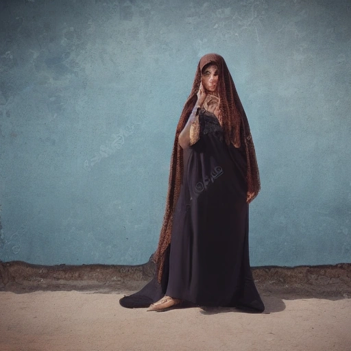Cinematic wide shot of a confident and elegant Arab woman in her late