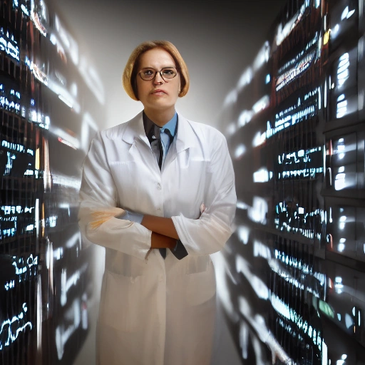 A clever woman, Dr. Laila, in a dimly lit, atmospheric digital archive or server room, intently focused on multiple glowing computer screens displaying complex code and historical documents. She has an intense, determined expression. The scene is shot with cinematic lighting, creating deep shadows and highlights. A sense of subtle tension and mystery pervades the image. Close-up on her face and hands over the keyboard.