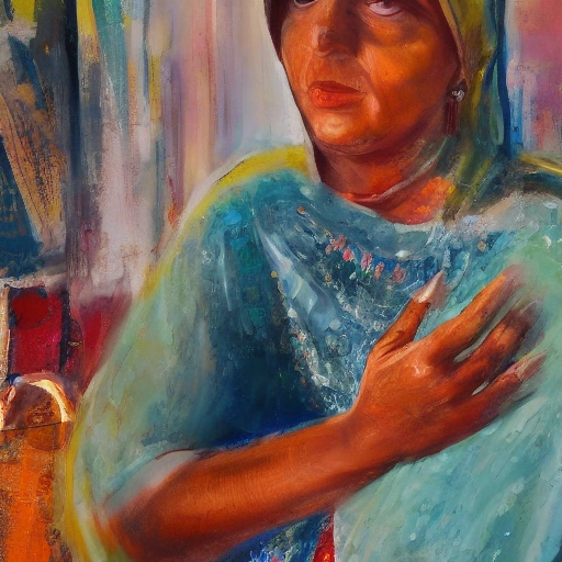 A powerful cinematic close-up of an elegant Arab woman artist, in her vibrant art studio, surrounded by large, colorful abstract paintings. She has a look of serene confidence and determination, a hint of paint on her hand. Golden hour lighting, dust motes in the air, rich textures.