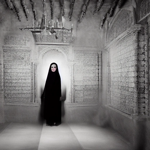 A cinematic shot of a young, intelligent Arab woman, Layla, with an antique brass key in her hand, standing in a dimly lit, dusty ancient crypt or library, with old manuscripts and maps visible. Soft, mysterious light filters in from an unseen source, casting long shadows. Her expression is a mix of determination and awe. Cinematic lighting,