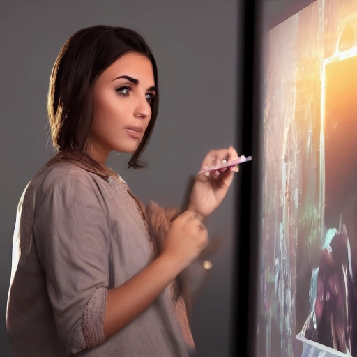 A cinematic shot of a young, determined Arab woman, Layla, in a modern, well-lit studio, her face illuminated by the glow of a large monitor displaying vibrant digital art. She holds a stylus in her hand, a slight smile of accomplishment on her lips. Soft, inspiring backlight. High resolution, photorealistic.