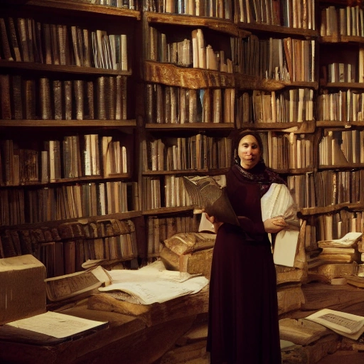 A smart female historian, Dr. Salma, stands illuminated by the dim light of an ancient, dusty university archive. She holds a peculiar, uncatalogued manuscript with strange symbols, her face a mix of intrigue and determination. The setting is rich with historical details, old bookshelves reaching high, shafts of moonlight piercing through arched windows, casting long shadows. Cinematic lighting,