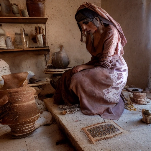 Cinematic shot of a determined young Arab woman, Layla, in her pottery workshop. Her hands are covered in clay, skillfully shaping a beautiful ceramic vase on a spinning wheel. Warm, golden hour lighting filters through a window, highlighting dust particles in the air and casting soft shadows. Traditional Arabic patterns subtly visible in the background. Photorealistic,