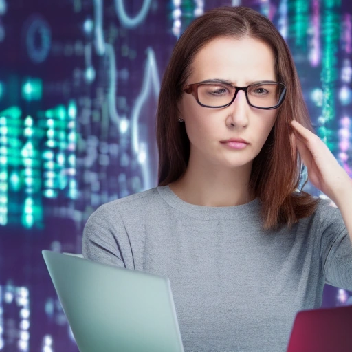 A focused woman cybersecurity expert, Lina, with intense eyes, is sitting in a dimly lit, high-tech control room, her face illuminated by the glow of multiple computer screens displaying complex code and data visualizations. A sense of tension and mystery fills the air. She