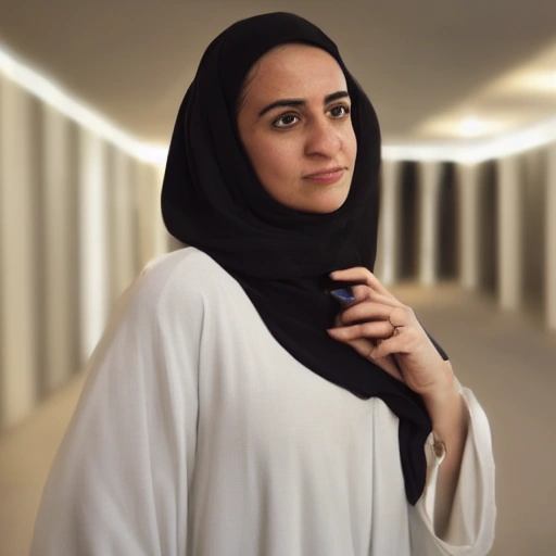 Cinematic shot of a smart, focused Arab female architect in her late