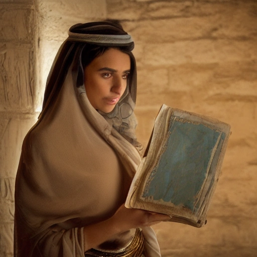 A determined young Arab woman, an archivist, with an ancient glowing manuscript open before her. She