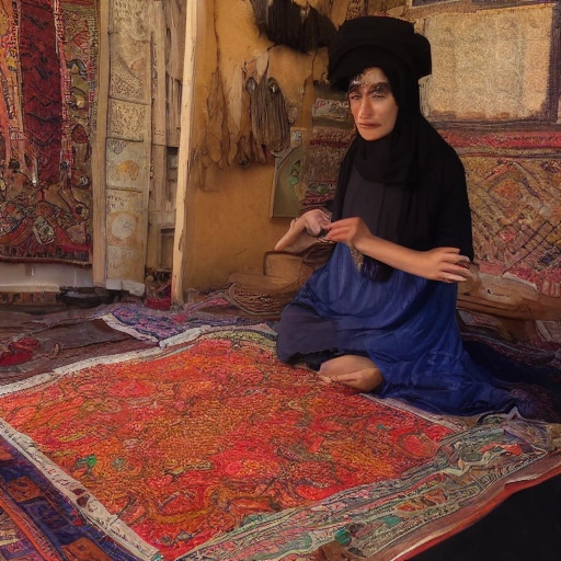 A close-up, cinematic shot of a determined Arab woman in traditional attire, her hands gracefully weaving intricate patterns on a vibrant handmade rug. The background shows a bustling, sunlit artisan workshop with other women working collaboratively. Warm, golden hour lighting. Photorealistic,
