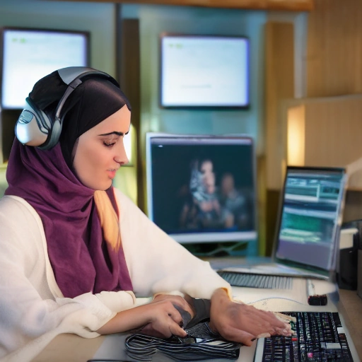 Cinematic portrait of a determined young Arab woman, wearing headphones, meticulously working on a sound design workstation with multiple screens displaying intricate audio waveforms. Soft, ambient light illuminates her face, highlighting a subtle smile of concentration. The background is a modern, cozy studio filled with muted colors and natural elements. Emphasize warmth, creativity, and technological sophistication.