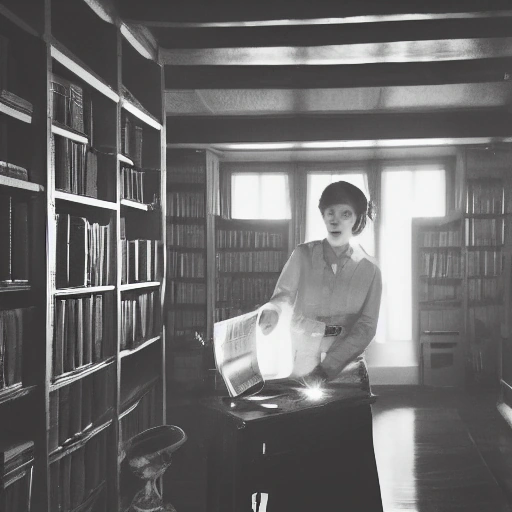 Cinematic wide shot of a clever young female archivist, Nora, in a dimly lit, dusty, antique library at night. She is secretly opening a hidden wooden panel behind a bookshelf, revealing a dark, narrow secret passage. Dust motes float in the single beam of her small flashlight. The atmosphere is tense and mysterious. High contrast lighting,
