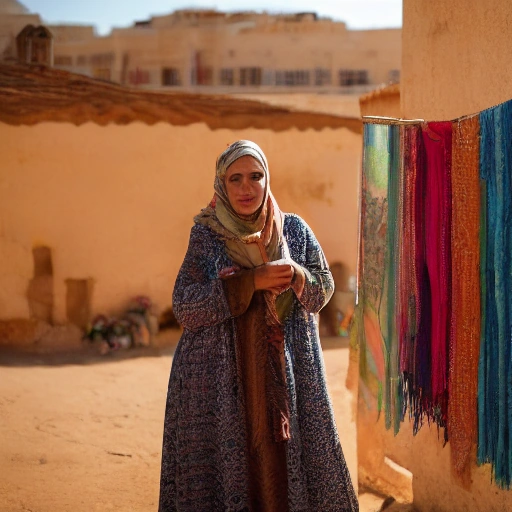 Cinematic portrait of a determined Arab woman, Layla, in a vibrant, sunlit village setting. She is holding a beautiful, intricately woven textile, surrounded by other women smiling and working on similar crafts. The scene evokes a sense of community, empowerment, and success. Golden hour lighting, warm colors, traditional architecture in the background. Photorealistic,