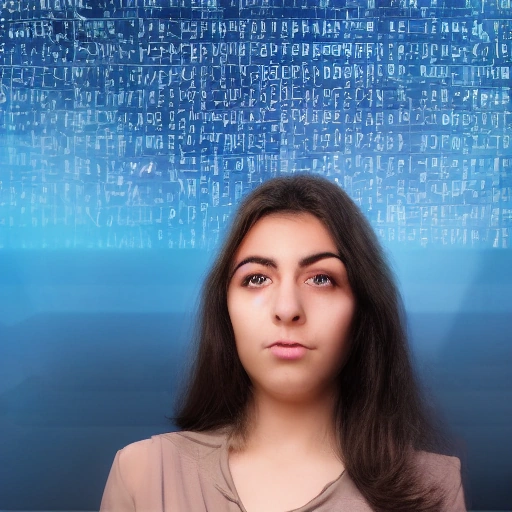 Cinematic, high-angle shot of a young, focused Arab woman, Layla, a digital forensic expert, silhouetted against multiple glowing computer monitors displaying complex code and historical documents. Her face is partially lit by the blue screen light, revealing an intense, determined expression. The room is dark and cluttered with tech equipment, creating an atmosphere of suspense and mystery. Dust motes visible in the air. Volumetric lighting.
