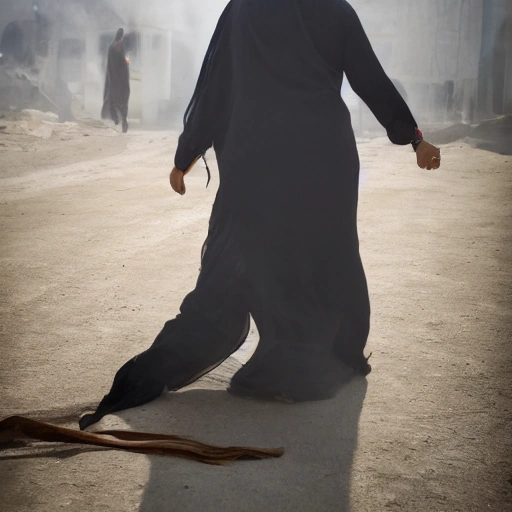 Cinematic wide shot of a determined young Arab woman,