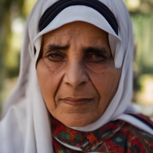 Cinematic portrait of a resilient Arab woman in her late