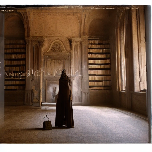 A cinematic shot of a determined Arab woman, Layla, in an old, dusty, dimly lit mansion library. She holds an ancient, glowing brass key and a weathered manuscript. Mysterious shadows play on the intricate architectural details of the room. High contrast lighting, volumetric dust particles,