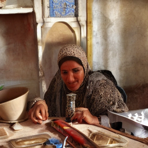 نورٌ سطع من تراب الأمس: حكاية صمود وإلهام A cinematic shot of Layla, a resilient Arab artisan woman in her late