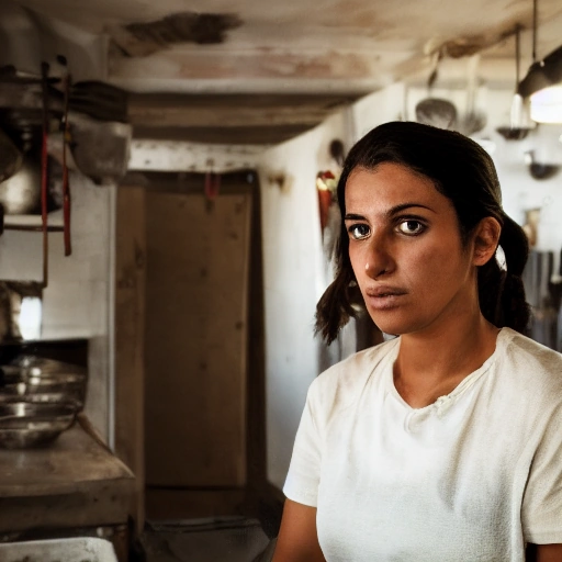 Cinematic wide shot of a vibrant, slightly rustic modern kitchen. A young, determined Arab woman