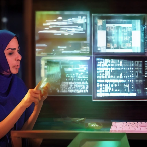 Cinematic close-up of a determined young Arab woman, a brilliant cybersecurity expert, with intense focus in her eyes, illuminated by the glow of multiple computer screens displaying complex code and cryptic messages. She is in a dark, high-tech control room or server farm. The atmosphere is tense and mysterious, with strong shadows and dramatic blue and green neon lighting. High detail,