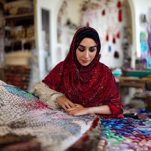 Cinematic shot of a determined young Arab woman in her bustling embroidery workshop, surrounded by vibrant, intricately designed textiles. Soft, warm lighting illuminates her face as she smiles confidently while inspecting a finished piece. Traditional Arabic architectural elements subtly visible in the background, blended with a touch of modern entrepreneurial design. Focus on craftsmanship, empowerment, and cultural heritage.