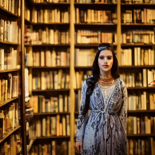 Cinematic wide shot of a clever young Arab woman, Nour, in an opulent, dimly lit old mansion library filled with antique books. She is holding a small, rolled parchment with a mysterious symbol, her eyes narrowed in thought and determination, a faint ray of moonlight through a tall window illuminating dust motes and hinting at secrets. Mysterious, suspenseful atmosphere,