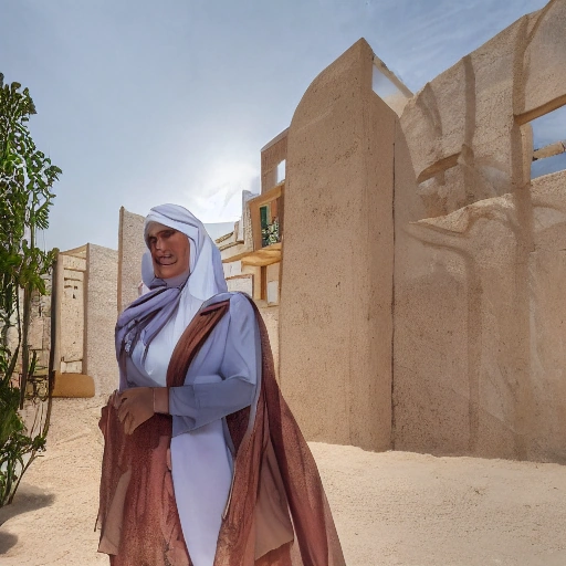 A determined young Arab woman, an architect, stands proudly amidst a modern, sustainably designed community center in a vibrant village. She holds blueprints, a subtle smile on her face, looking towards the horizon. The architecture blends traditional elements with contemporary eco-friendly designs. Golden hour cinematic lighting,