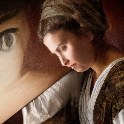 A close-up of a brilliant female art restorer, Layla, with intense focus, gently cleaning an antique oil painting under dramatic spotlight. Her face is illuminated, revealing a thoughtful expression as she discovers a hidden cryptic symbol. The background is a dimly lit, high-ceilinged art studio with other covered artworks. Cinematic lighting, deep shadows, rich textures,