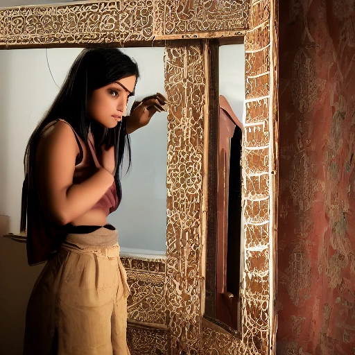 A smart, observant young Arab woman, Nour, in an ancient, dimly lit mansion, examining a large, intricately carved antique wooden mirror with a focused expression. Cinematic lighting, mysterious atmosphere, hint of hidden symbols on the mirror frame,