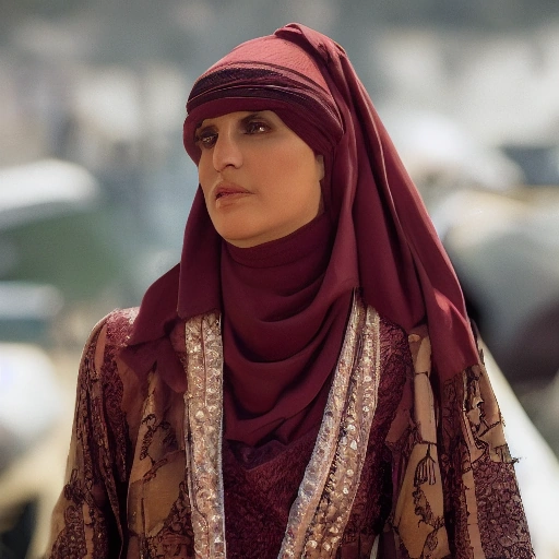 Cinematic full shot of a confident, elegant Arab woman in her late